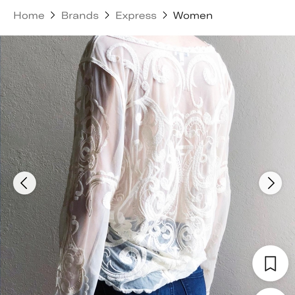 Express Pink Lace Long Sleeve Blush Pink Women Top, Sheer - Picture 3 of 14